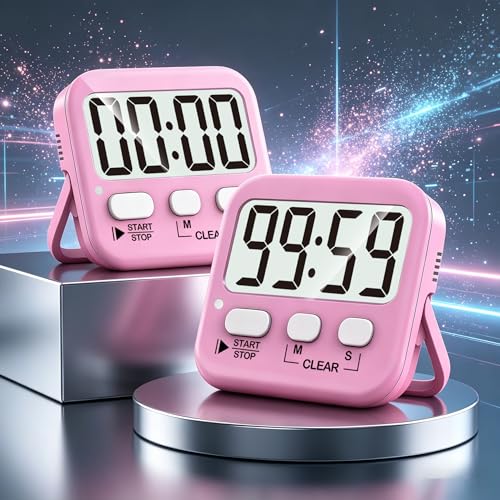 Antonki 2 Pack Digital Timer for Kids Classroom Kitchen Timers for Cooking | w/ Battery, Easy to View, Alarm, Mute Mode, Count Down/Up, Magnetic, Kickstand, Hanging, Classroom Timer for Teacher Supplies - color: Relaxing Pink