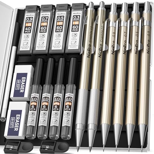 Nicpro 6PCS Metal Mechanical Pencil Set, Full Copper Drafting Pencil 0.3, 0.5, 0.7, 0.9 mm & 2PCS 2mm Graphite Lead Holder(4B 2B HB 2H) For Art Sketching Drawing With Lead Refills Eraser Case - color: Gold