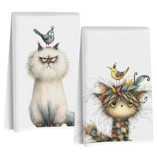 2 Pcs Funny Bird Cat Kitchen Towels, Cute Cats Gifts Reusable Hand Towels | Cat Dish Cloths for Drying Dishes, Cats Waffle Dish Towels for Kitchen Bathroom Decor, Cat Lover Gifts for Women Mom Grandma - color: Multi 1630