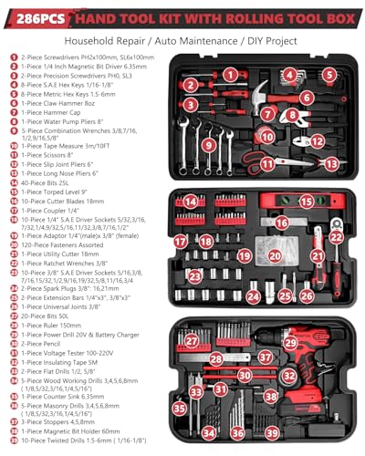 KINGTOOL Home Tool Set Kit - 286 PCS Home Auto Repair Tool Kit with Rolling Tool Box, Mechanic Tool Sets with 21V Max Cordless Power drill, Perfect for Homeowner, Diyer, Handyman - style: 286-Pieces