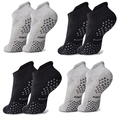 Hylaea Unisex Non Slip Socks with Grip for Yoga, Hospital, Pilates, Barre | Ankle, Cushioned - color: 4 Pairs Black Grey, size: Large-X-Large