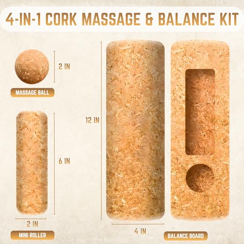 Cork Balance Board 4-in-1 Foot & Ankle Strengthener Kit with Toe Resistance Bands, Massage Ball & Balance Roller, Natural Cork Trainer for Foot Exercise, Mobility, Physical Therapy & Sports Training [Small Family Business]
