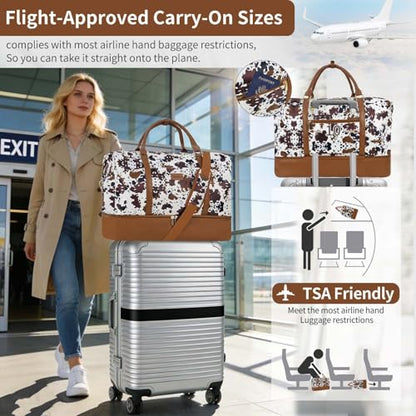 Weekender Bag, Large Travel Duffel Bag for Women, Carry on Overnight Bag with Shoe Compartment and Toiletry Bags - color: C-3PCS Black Brown Cow