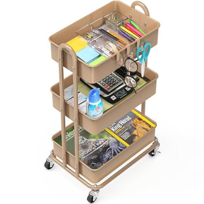 Simple Houseware 3-Tier Heavy Duty Metal Utility Rolling Cart, Khaki - color: Chrome