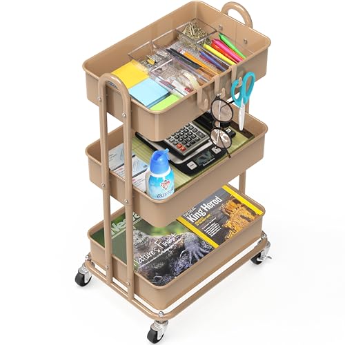 Simple Houseware 3-Tier Heavy Duty Metal Utility Rolling Cart, Khaki - color: Chrome