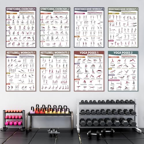 gisgfim 12 Retro Workout Posters for Home Gym Fitness Exercise Charts | dumbbells, bodyweight, stretching, resistance bands, yoga and kettlebells; 17 x 12.6 in, glossy front laminate - color: Retro
