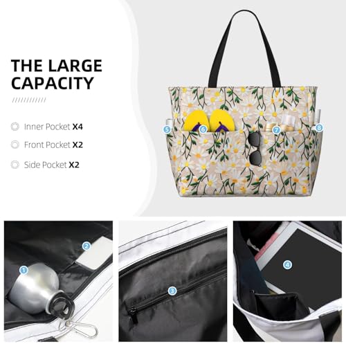 Large Beach Bag for Women Waterproof Foldable Travel Shoulder Tote Bag with Pocket for Weekender Pool Vacation - color: Daisy Beige