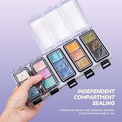 15 Color Super Glitter Watercolor Paint Set - Metallic & Shimmery for Art, Crafts | Easy to Load, Superior Adhesion, Quick Activation on Paper