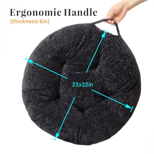 Floor Pillow, Large Meditation Sitting Cushion with Handle | for Tatami, Living Room, Yoga Use for Adults and Kids (1, Round, Black, 22" x 22" x 6") - color: Round, Black