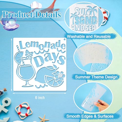 Konsait 16 Pack Summer Stencils, 6" Reusable Hello Summer Palm Tree Sun Tropical Animals Beach Stencils for Painting, DIY Crafts, Wall, Wood, Shirts, Canvas and More