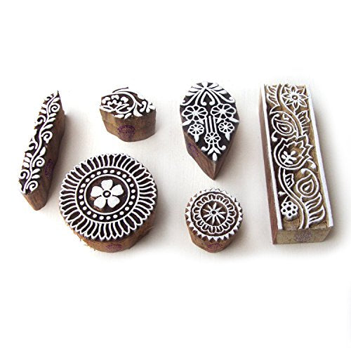 Hand Carved Round and Leaf Designs Wooden Printing Stamps (Set of 6) - color: Htag0326