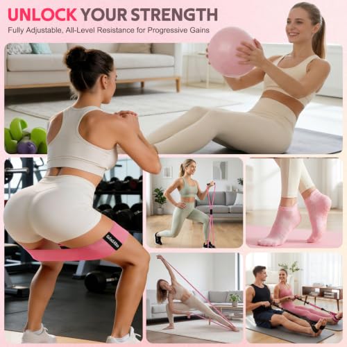 WALITO 15 PCS Pilates Kit, Adjustable Pedal Resistance Band with Handle, Figure 8 Resistance Band for Exercise Women, At Home Workout Equipment Set with Yoga Ball & Booty Bands for Full Body Gym - color: Pink