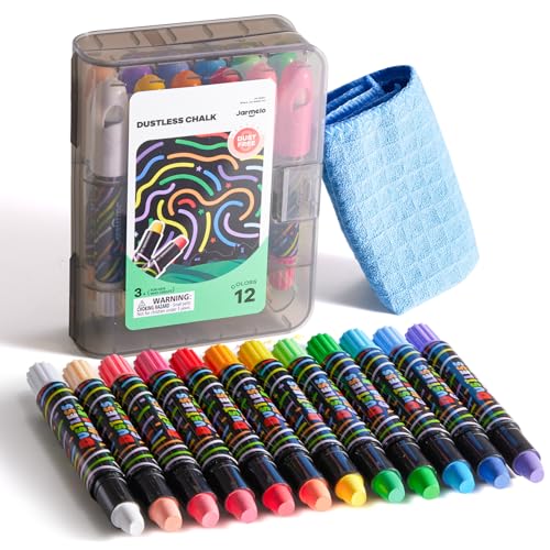 Dustless Chalk for Kids with Twist-Up Holders, 12 Washable Colors bulk | Non-toxic chalk with case and cleaning cloth; thick easy-grip design for chalkboards, sidewalks and creative play, ages 3+.