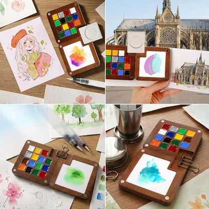 Mini Watercolor Travel Set, All-in-One 12-Color Travel Kit with Palette, Crossbody Bag, Paint Water Cup, Journal, Pocket Set for Artists - color: Brown