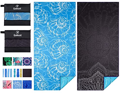 Microfiber Beach Towel Oversized 71x32 Blue Black with Bag 2 Pack | Thin Lightweight Sand Free Absorbent Quick Dry Compact Large for Adult Travel Camping Pool Swim Bath Cruise Essentials Gift - color: 2 Pack Black Mandala Blue Shell