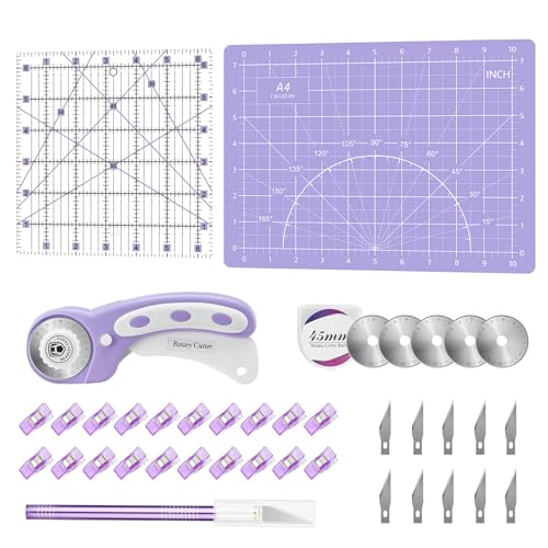 39 Pcs Rotary Cutter Set - Quilting Kit incl. 45mm Fabric Cutter with 5 Extra Blades, A4 Cutting Mat, 2 Craft Knife Set, Sewing Clips, Ideal for Crafting, Sewing, Patchworking Purple - color: Purple, size: A4 Rotary Cutter Set