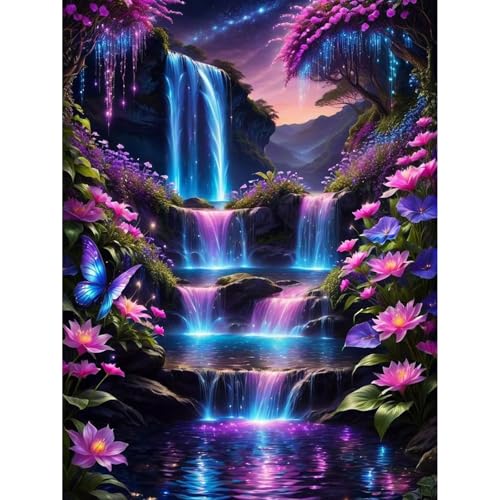 Diamond Art Kits for Adults & Beginners, Waterfall Diamond Painting Kit | 5D Full Drill Gem Art with Flower, Round Diamond Dots, Home Wall Decor & Gift, 12 x 16 Inch - color: HMDPUS-25412