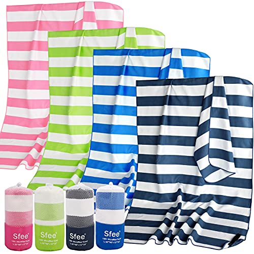 Sfee 2 in 1 Microfiber Beach Towel, Quick Dry Towel Camping Towel Travel Towel Super Absorbent Compact Lightweight Sports Gym Towels Set for Beach, Gym, Hiking, Pool, Backpacking, Bath, Yoga - color: Navy Blue Stripe, size: L 60"x30"+24"x15"