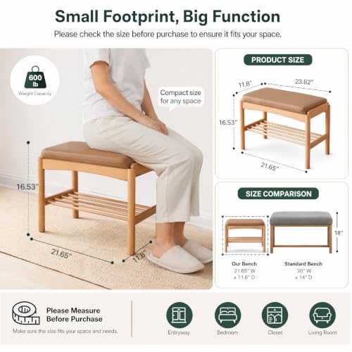Oak Wood Shoe Bench, 24 Inch Entryway Bench with Brown Leather Cushion - color: Natural + Brown Leather Cushion, size: 23.62"
