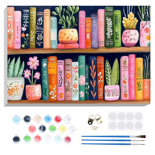 Bowetile Framed Paint by Numbers Bookshelf Kit for Adults, Adults' Paint-by-Number Kits on Canvas, Painting by Numbers Books, Acrylic Number Painting Gifts for Home Wall Decor, 12x8in - color: Bookshelf, Flower