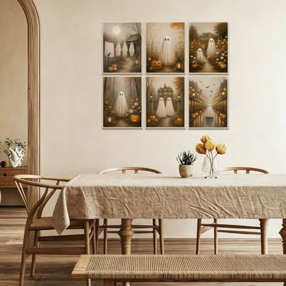 KBKBART 6pcs Halloween Poster Cute Ghost Country Landscape Prints 8x10 inch | Canvas Wall Art Print Pictures Unframed, Ghosts Fall Landscape Paintings, for Bedroom Living Room Dorm, Halloween Posters - color: Halloween Ghost