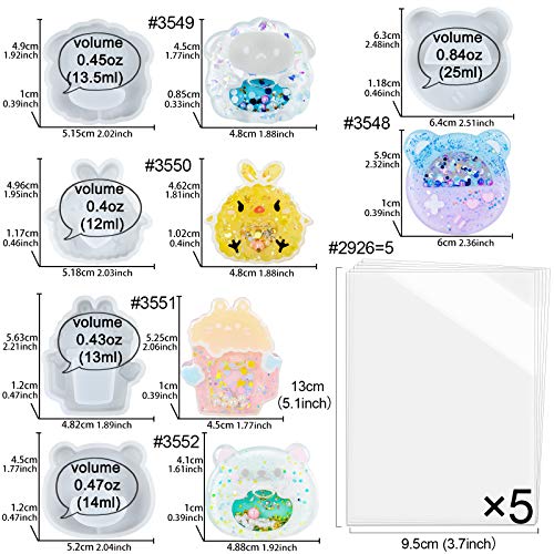FUNSHOWCASE Epoxy Resin Shaker Molds Set Jewelry Casting Supplies, Bear, Chick, Sheep, Beer Mug, Game Console 5 Silicone Trays with 5 Seal Films, Height 2-2.4inch - color: Keychain Charms Craft 10-Pack