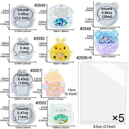 FUNSHOWCASE Epoxy Resin Shaker Molds Set Jewelry Casting Supplies, Bear, Chick, Sheep, Beer Mug, Game Console 5 Silicone Trays with 5 Seal Films, Height 2-2.4inch - color: Keychain Charms Craft 10-Pack