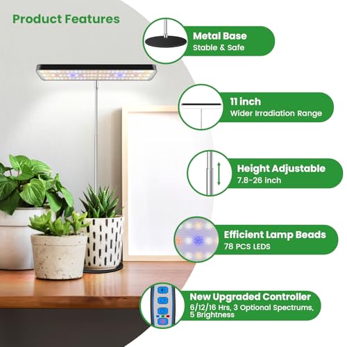 Wiaxulay Grow Light, 11in Full Spectrum Plant Lights for Indoor Growing 15W | 2 Pack Desk Grow Lamp for Seed Starting, 7.8-26in Adjustable, 6/12/16H Timer, 3 Spectra, 5 Dimmable, Indoor Gardening - size: 2 Pack(Black)