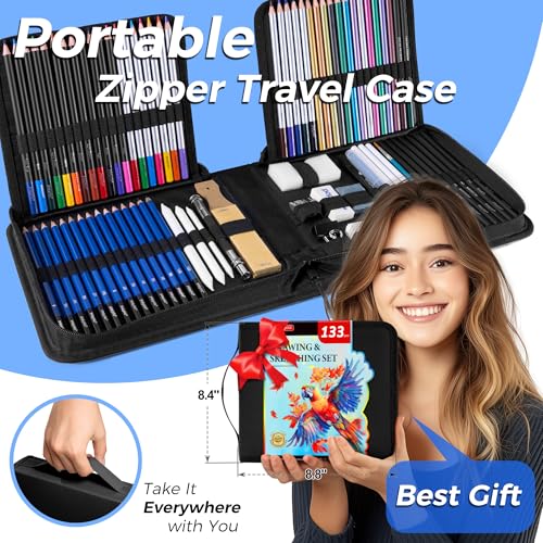133 Pack Drawing Set Sketching Kit, Pro Art Supplies Sketch Pencils Set | with Sketch Book, Coloring Book, Watercolor Pad, Black Paper Pad, Graphite Colored Charcoal Watercolor & Metallic Pencils - color: Black, size: 133 Pack