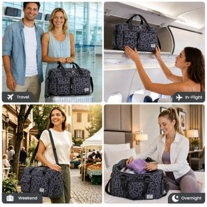 FIORETTO Women's Gym Duffle Bag with Shoes Compartment, 30L Capacity, Ideal for Travel, Gym, Sports, Duffel, Weekender - color: Leopard Grey, style: Gym Bag