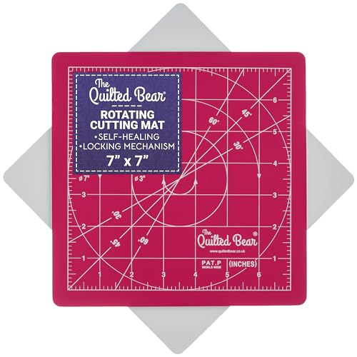 The Quilted Bear 7" x 7" Rotating Self-Healing Cutting Mat, Pink | Square Mat, 360° Rotation, Locking Mechanism, 5-Layer Surface, Non-Slip Base, Clear Inch Grid & Angle Guides for Quilting - color: Pink, size: 7"L x 7"W