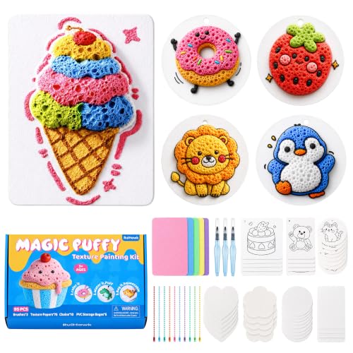 RuiHawk 95 Pcs Magic Foam Painting Refill Kit, 75 Sheets 3D Textured Paper, 3 Water Brushes, 10 Keychains – Mess-Free, Water-Activated, Non-Toxic – with Gift Box, Travel Art Set for Kids Ages 5-10 - color: 75 Foam Refill Kit + 20 Accessories