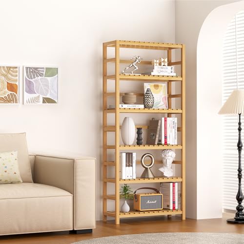 VASMIA 6-Tier Bamboo Shelf,Bamboo Storage Shelving Unit,Tall Bookcase with Adjustable Shelves,Multipurpose Storage Display Shelf for Bathroom, Living Room, Balcony, Kitchen,Natural - color: Natural, size: 6-Tier