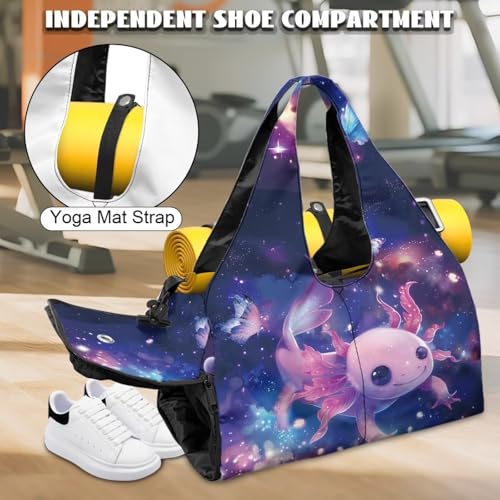 Gym Bag with Yoga Mat Holder Large Tote Bag With Multi Pockets for Women Men Dry Wet Separated Pocket Carryall Yoga Tote Bag for Pilates Travel Workout Office - color: Galaxy Axolotl