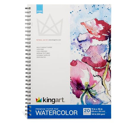 KINGART Cold-Pressed Watercolor Paper Pad Set – 11x15 Inch, 2-Pack – 20 Sheets Each, Perforated Side Spiral-Bound Heavyweight Art Pads