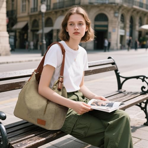 Worldlyda Women Canvas Hobo Purse Multi Pocket Tote Shopper Shoulder Bag Casual Top Handle handbag with Embroidery Ethnic - color: Be06army Green