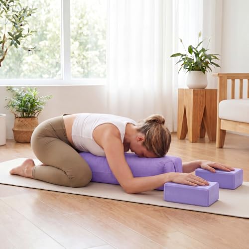 Chalyna 3 Pcs Yoga Bolster Pillow & Yoga Blocks Set Stretching and Back Support Lightweight Foam Blocks Portable Handle Soft Non-slip Surface Reusable for Pilates Meditation Balance Purple