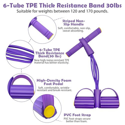 Pedal Resistance Band with Handle,4/6/8 Tubes Options,Full-Body Use - color: 6Tubes-Purple