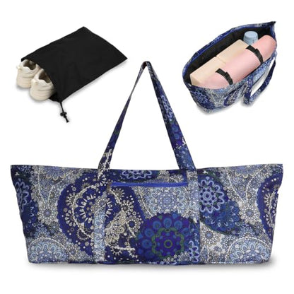 Yoga Mat Bag Yoga Tote Bag with Large Waterproof Zipper Pocket and Drawstring Pocket Yoga Mat Bag Carrier Fit Most Size Mats and All You Stuff - color: blue