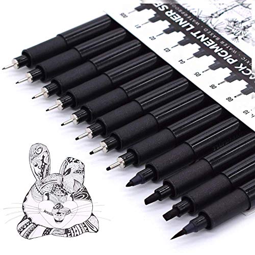 TWOHANDS Art Fineliner Ink Pens,Technical Drawing Pen, Set of 12, Black | Pigment Marker Pen, Fine Point, Waterproof for Art Watercolor, Sketching, Anime, Manga, 902188 - color: Black, size: 1 Count (Pack of 12)