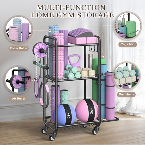 Multi-Functional Home Gym Storage Rack with Wheels and Hooks - color: Black