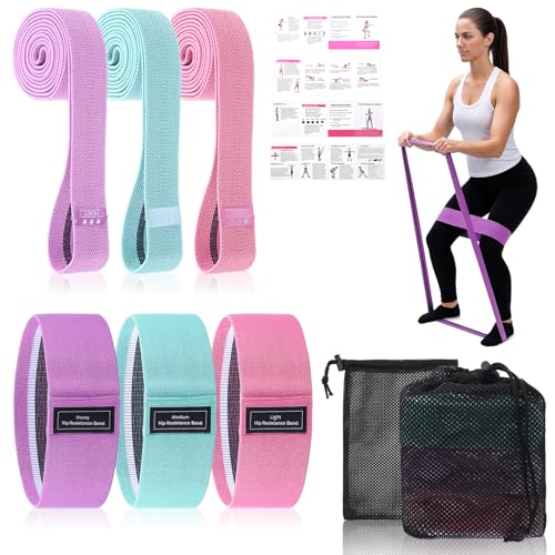 Kifmurase 6PCS Fabric Resistance Bands for Legs, 3 Strength Level Elastic Stretching Assist Band with Portable Bag, Non-Slip Workout Bands for Squats Yoga Therapy, Women Cloth Band for Working Out - color: Green & Pink & Purple