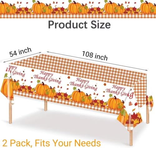 2 Pack Happy Thanksgiving Tablecloth, Fall Pumpkin Maple Leaves Plastic Table Cloth Autumn Disposable Rectangle Plaid Table Cover for Thanksgiving Day Tables Decor Party Decorations, 54x108 Inch - color: Orange