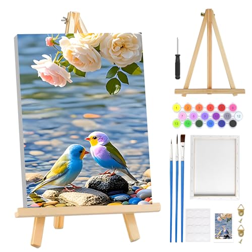 MOGTAA Paint by Numbers Kit for Adults with Frame, Birds Paint by Number Canvas, Flowers Scenery Paint by Numbers with Easel, DIY Animal Oil Painting Kit for Home Wall Decor 8 x 12 Inch - color: Birds