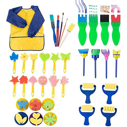 Paint Brush Art Kit for Kids - 36-Piece, Transparent Foam - Foam Brushes, Rollers & Stamps Painting Set with Apron for Crafts & Art Supply