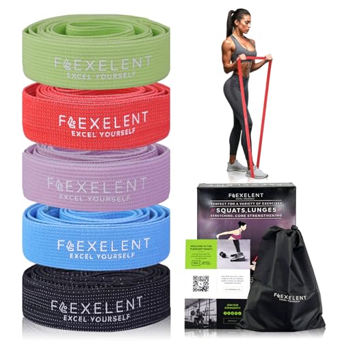 Flexelent Short Fabric Resistance Bands for Working Out, 5 Strength Levels | Soft, Thick, Skin-Friendly Fabric | Color-Coded Strength Levels | With Drawstring Storage Bag - color: Long - Multi Color