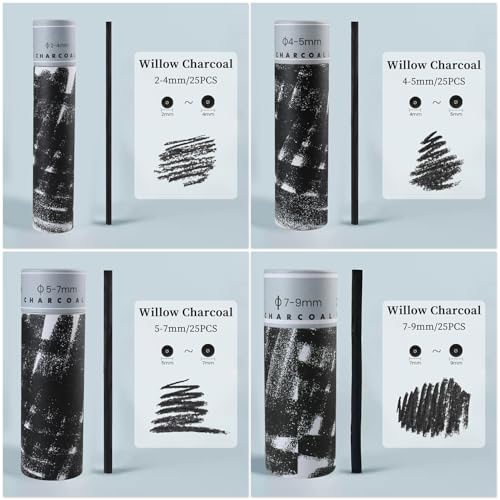100PCS Willow Charcoal Sticks - Natural Willow Charcoal for Artists, Beginners, or Students of All Skill Levels - Perfect for Drawing and Sketching, Approx. 2-4mm, 4-5mm, 5-7mm, 7-9mm Dia - style: 2-4mm, 4-5mm, 5-7mm, 7-9mm