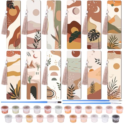 Kosiz 12 Pcs Boho Paint by Number Kit for Adult Wood Bookmark | Mini Paint by Numbers Kit, Painting Decor, Tassels Blank Bookmarks, for Small DIY Craft Book Lovers Gift 7x2 '' - style: Boho