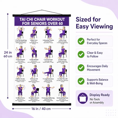 Tvisenva Tai Chi Chair Workout Chart for Seniors - Chair Tai Chi Exercise Poster for Beginners - 16 Seated Tai Chi Movements for Balance, Flexibility, Mobility and Relaxation - 16 x 24 Inch Wall Art