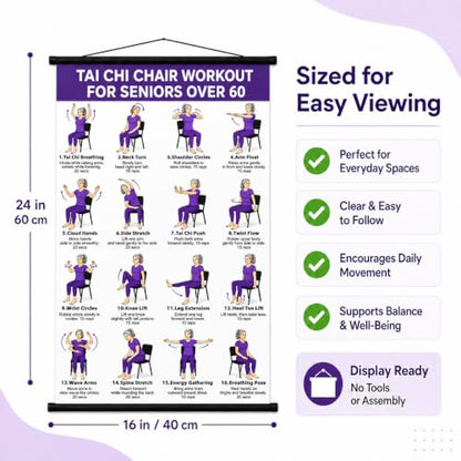 Tvisenva Tai Chi Chair Workout Chart for Seniors - Chair Tai Chi Exercise Poster for Beginners - 16 Seated Tai Chi Movements for Balance, Flexibility, Mobility and Relaxation - 16 x 24 Inch Wall Art
